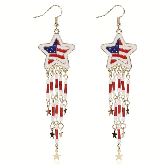 Star USA flag patriotic earrings beads and tassels golden tone red white blue - Picture 1 of 3